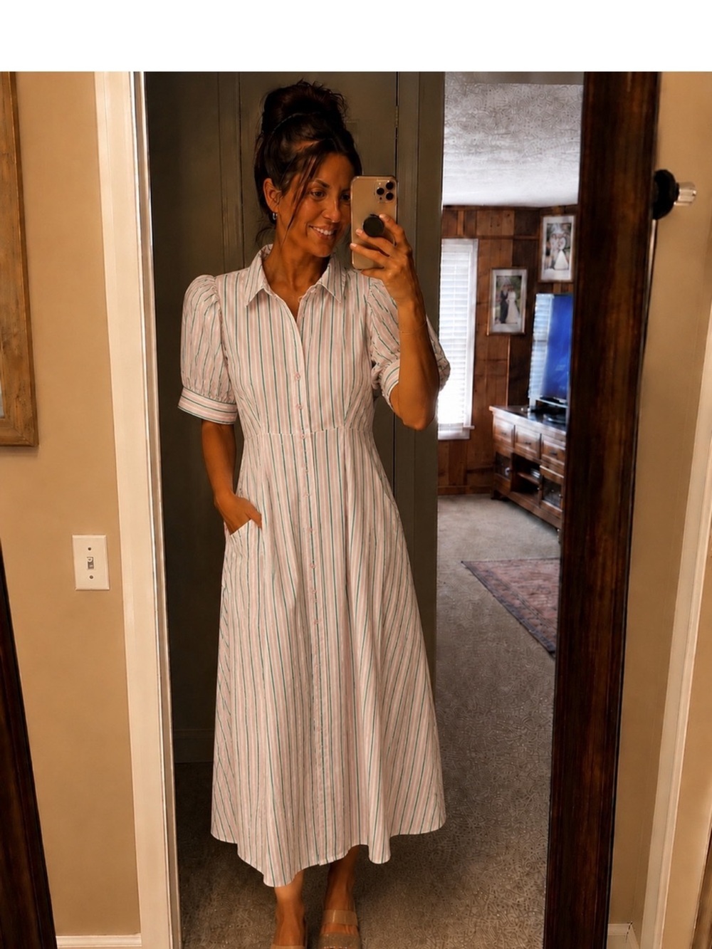 JODIFL White Maxi Shirt Dress with Pastel Stripes